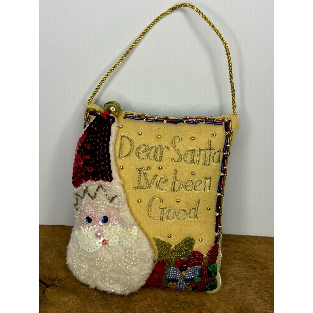 Small Christmas Pillow Ornament Decor Embroidered Sequined Santa 4" X 6"